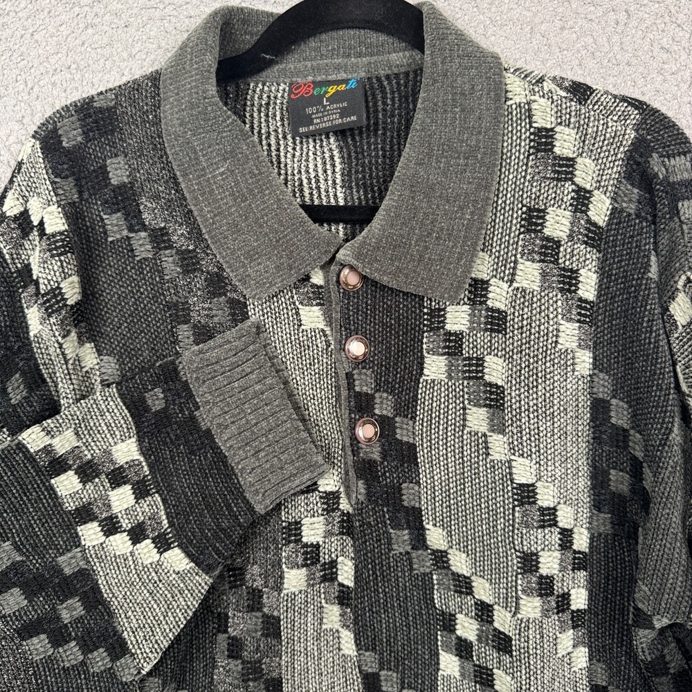 VTG Bergati Sweater Mens L Gray Collared Long Sleeve Polo Hip Hop Biggie 3d Knit